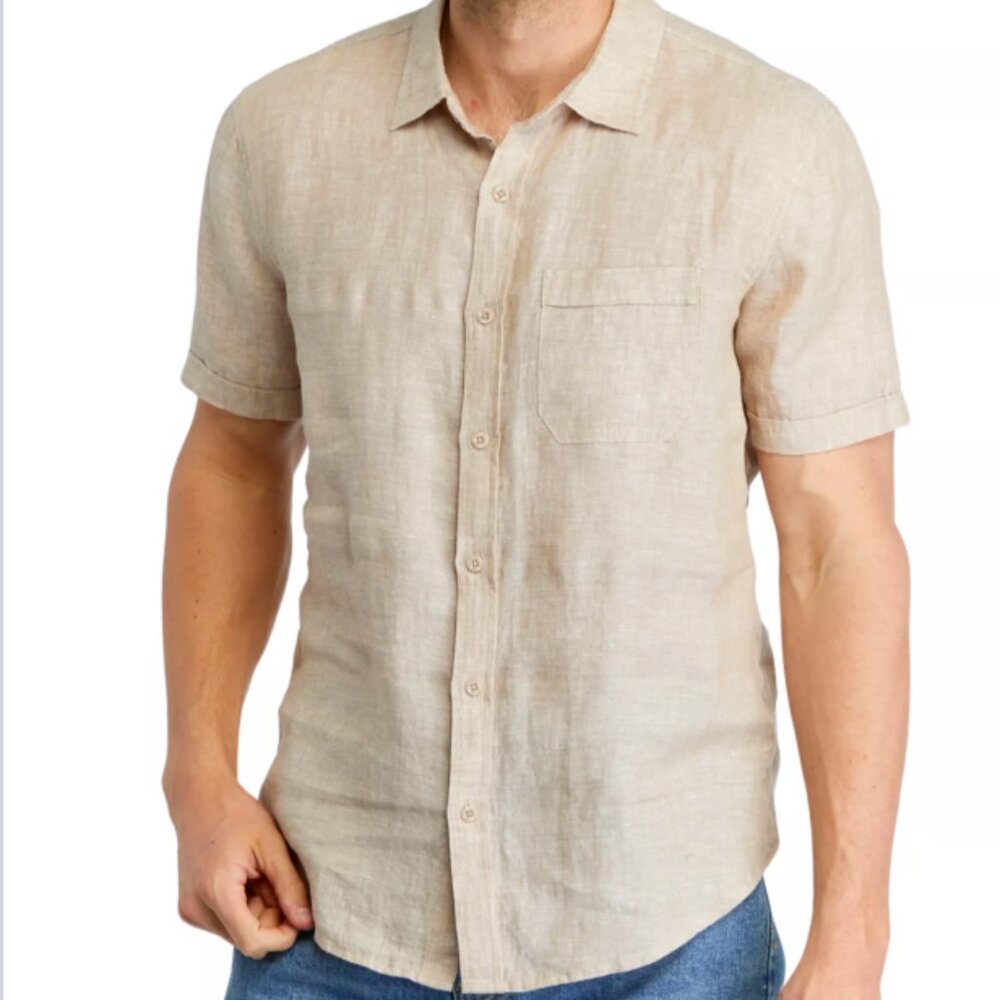 Magaschoni Linen Men's Short Sleeve Casual Button Down Shirt, Neutral Size XL